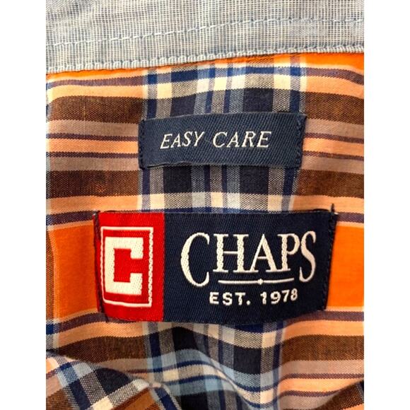 Chaps Men’s XXL Orange Navy Plaid Button-Down Shirt Short Sleeve Easy Care - Picture 3 of 9